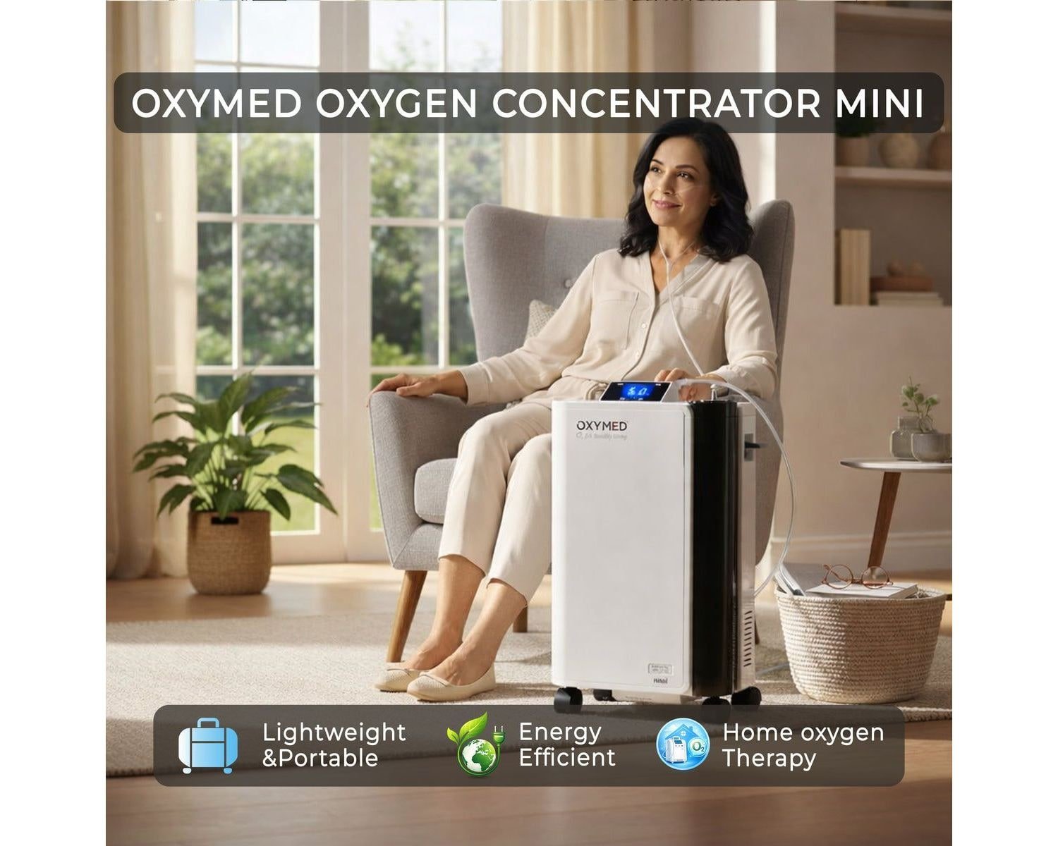 Oxymed Mini oxygen concentrator next to a woman seated in an armchair