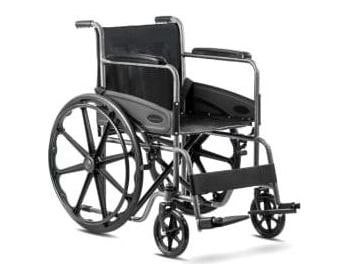 Standard folding wheelchair with black seat and large rear wheels